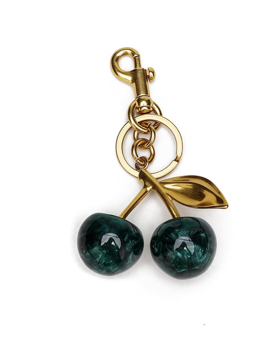 Gold-Tone Cherry Keychain with Emerald Green Charms